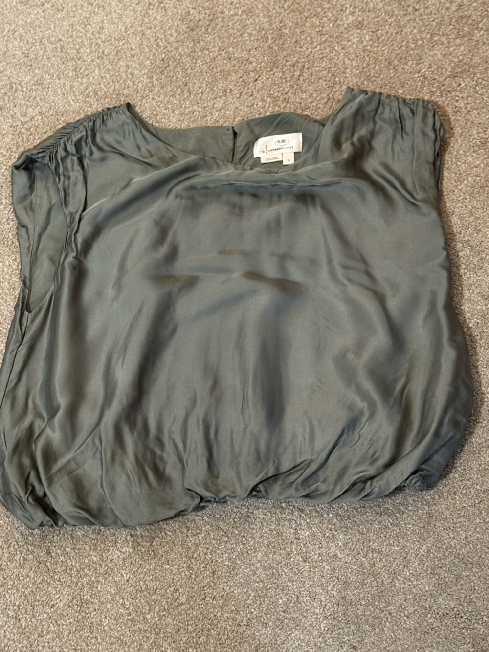 Anthropologie Olive Satin Cap-Sleeve Blouse